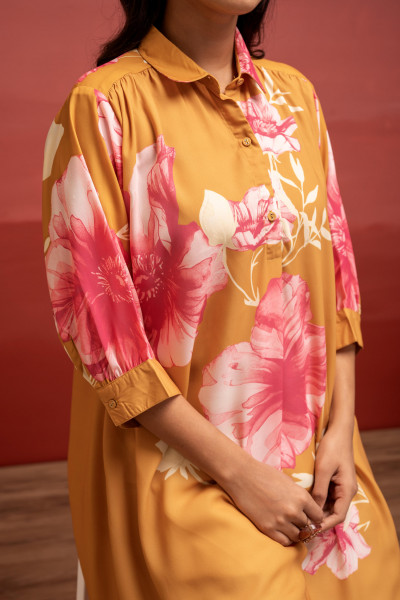 Mustard Floral Printed A-Line Kurta with Button Detailing