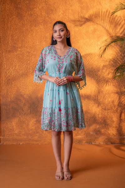 Blue Floral Printed Tiered Short Dress
