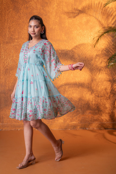 Blue Floral Printed Tiered Short Dress