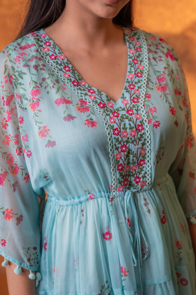 Blue Floral Printed Tiered Short Dress