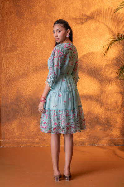 Blue Floral Printed Tiered Short Dress