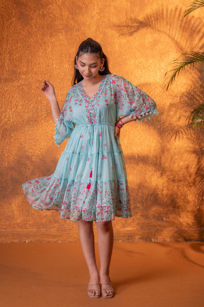 Blue Floral Printed Tiered Short Dress