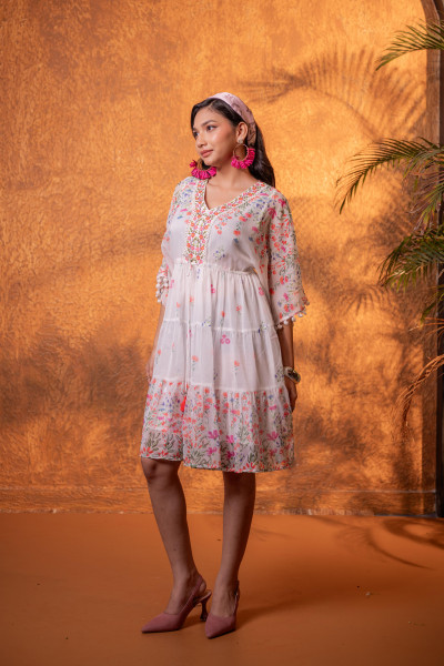 White Floral Printed Fit & Flare Short Dress
