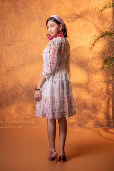 White Floral Printed Fit & Flare Short Dress