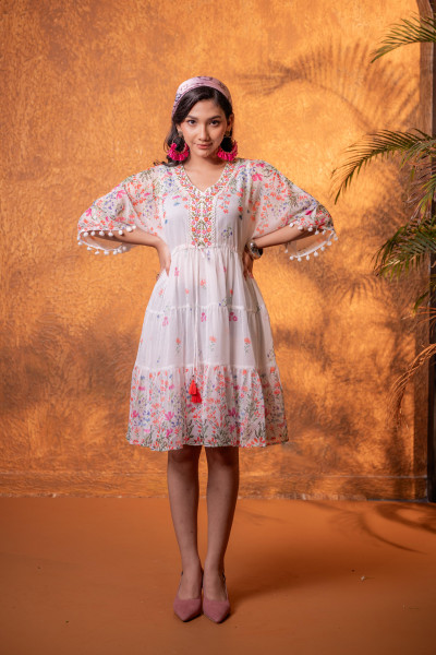 White Floral Printed Fit &amp; Flare Short Dress