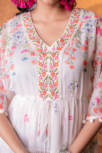 White Floral Printed Fit & Flare Short Dress