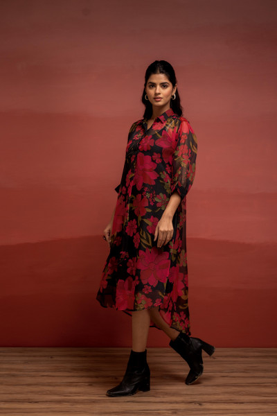 Black Floral Printed A-Line Kurta with Inner and Button Detailing