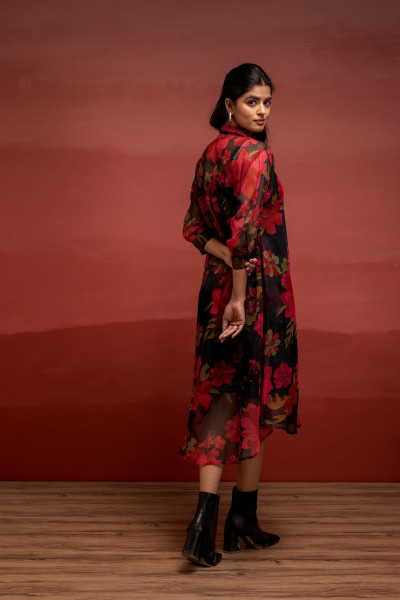 Black Floral Printed A-Line Kurta with Inner and Button Detailing