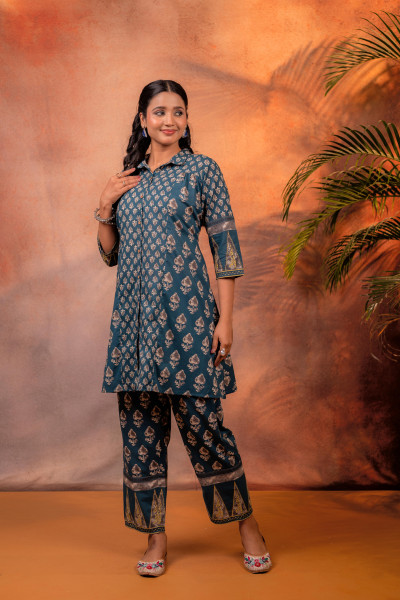 Rangrez TealGreen Ajrakh Co-ord Set