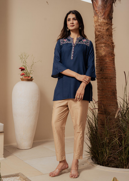 Midnight Blue Solid Viscose Tunic with  Thread Work