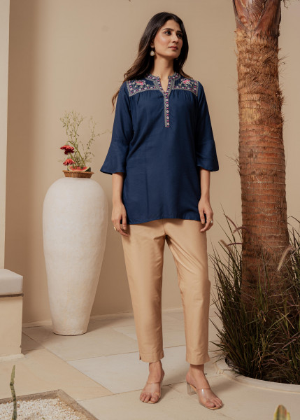 Midnight Blue Solid Viscose Tunic with  Thread Work