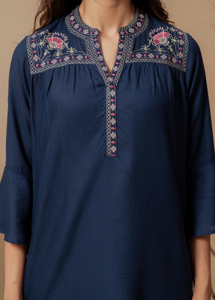 Midnight Blue Solid Viscose Tunic with  Thread Work