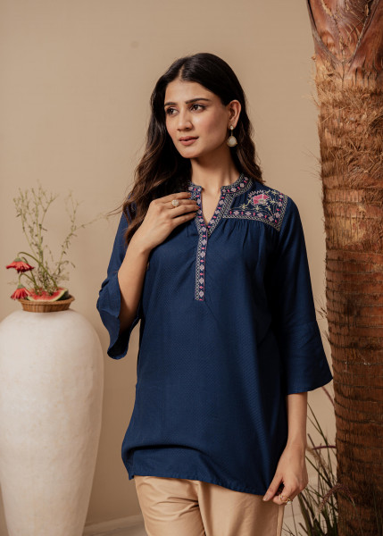 Midnight Blue Solid Viscose Tunic with  Thread Work