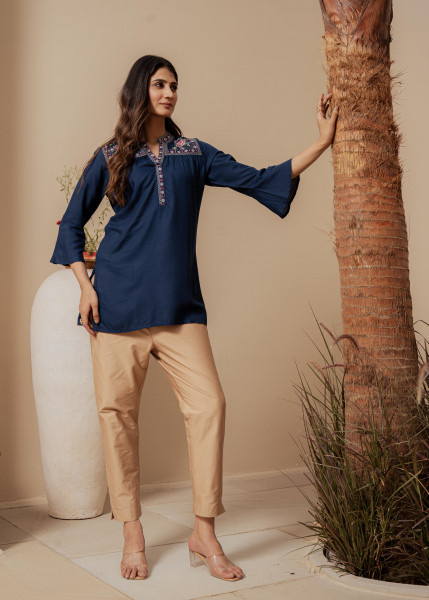 Midnight Blue Solid Viscose Tunic with  Thread Work