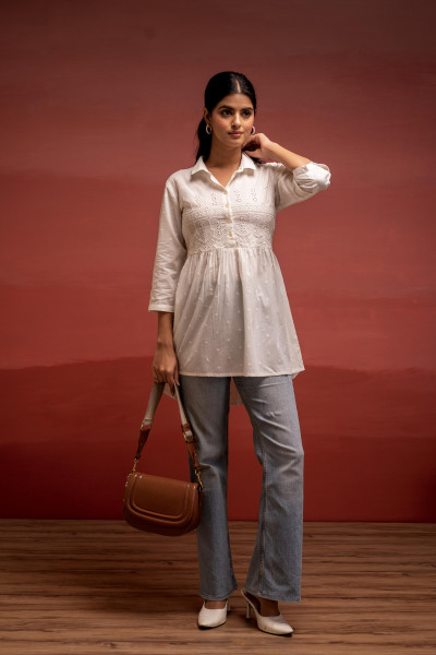 White Solid Cotton Tunic with Schiffli Work and Button Detailing