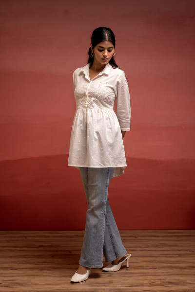 White Solid Cotton Tunic with Schiffli Work and Button Detailing