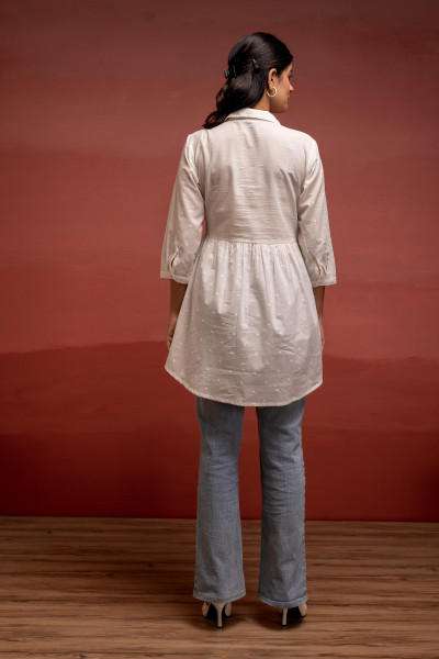 White Solid Cotton Tunic with Schiffli Work and Button Detailing
