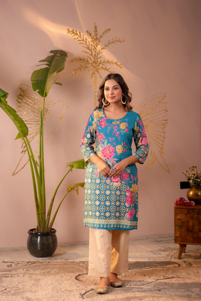 Blue Floral Printed Straight Kurta with Mughal Motifs