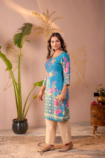Blue Floral Printed Straight Kurta with Mughal Motifs