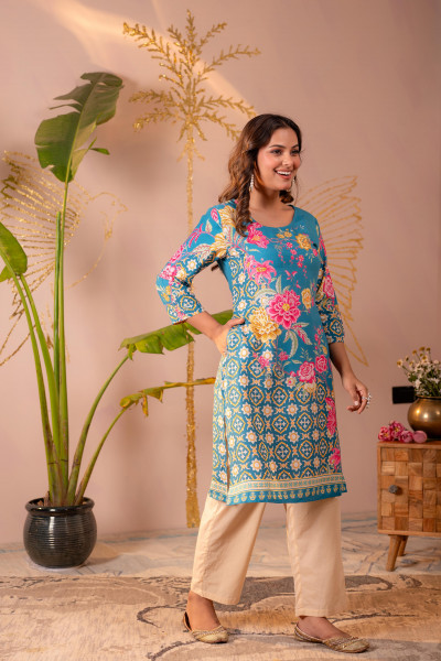 Blue Floral Printed Straight Kurta with Mughal Motifs