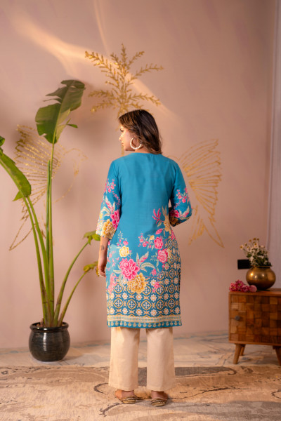 Blue Floral Printed Straight Kurta with Mughal Motifs