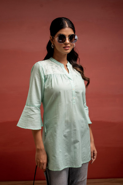 Mint Solid Cotton Straight Tunic with Thread Work and Button Detailing