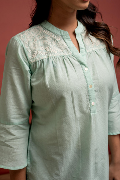 Mint Solid Cotton Straight Tunic with Thread Work and Button Detailing