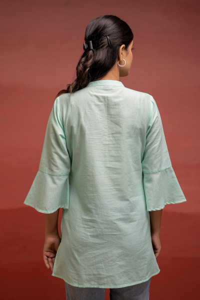Mint Solid Cotton Straight Tunic with Thread Work and Button Detailing