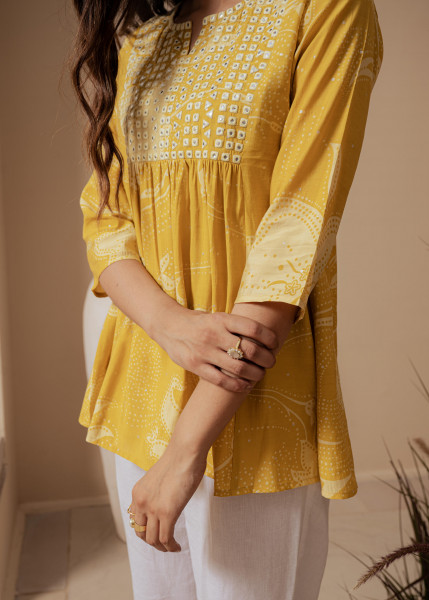 Mustard Ethnic Motifs Viscose Tunic with Thread Work and Mirror Detailing