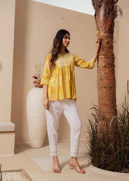 Mustard Ethnic Motifs Viscose Tunic with Thread Work and Mirror Detailing