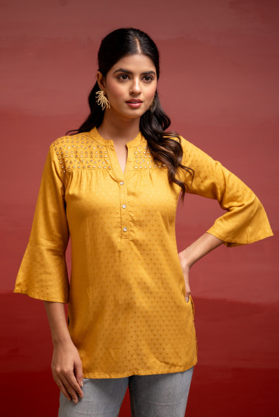 Mustard Polka Dot Viscose Tunic with Thread Work, Mirror & Button Detailing