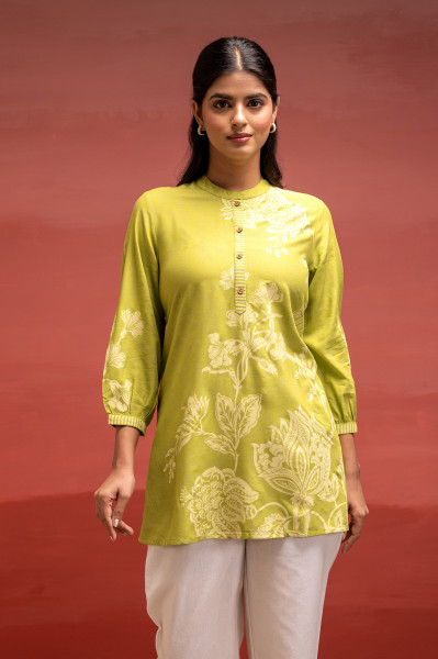 Lime Floral Printed Viscose Tunic with Button Detailing