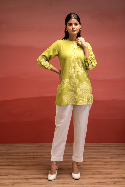 Lime Floral Printed Viscose Tunic with Button Detailing