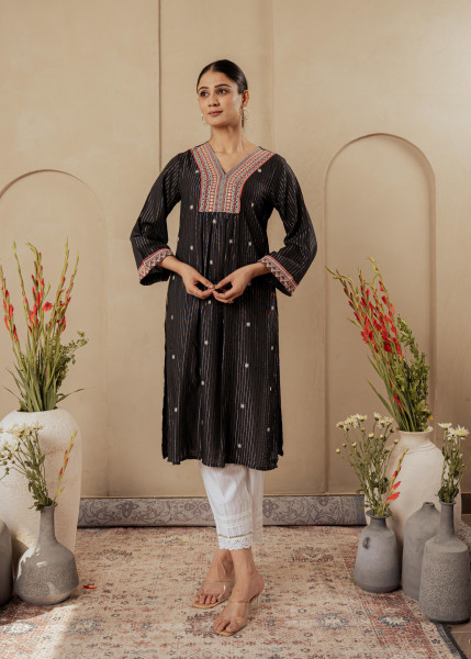 Black Striped Viscose Kurta with Embroidered Thread Work and Mirror Detailing