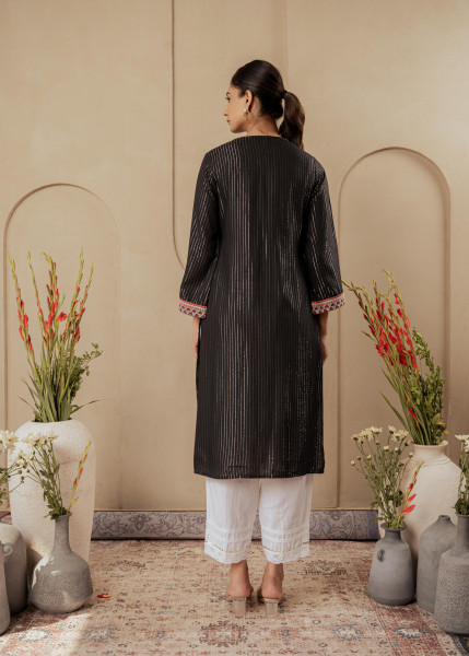 Black Striped Viscose Kurta with Embroidered Thread Work and Mirror Detailing