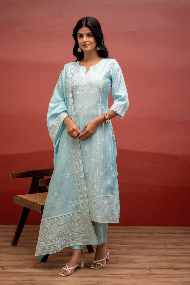 Skyblue Solid Viscose Kurta, Pant &amp; Dupatta Set with Thread Work, Beads &amp; Sequence