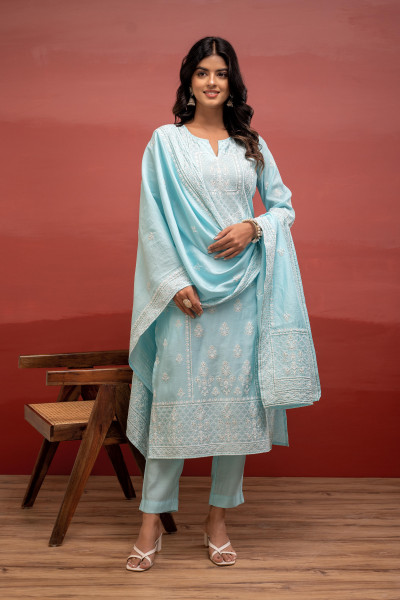 Skyblue Solid Viscose Kurta, Pant & Dupatta Set with Thread Work, Beads & Sequence