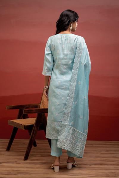 Skyblue Solid Viscose Kurta, Pant & Dupatta Set with Thread Work, Beads & Sequence