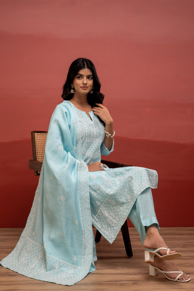 Skyblue Solid Viscose Kurta, Pant & Dupatta Set with Thread Work, Beads & Sequence