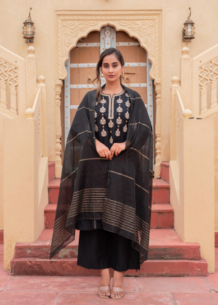 Man Made Fiber Black  Embroidered Kurta Pant and Dupatta Set with Zari Work And Sequin