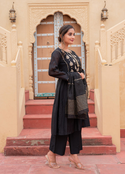 Man Made Fiber Black  Embroidered Kurta Pant and Dupatta Set with Zari Work And Sequin