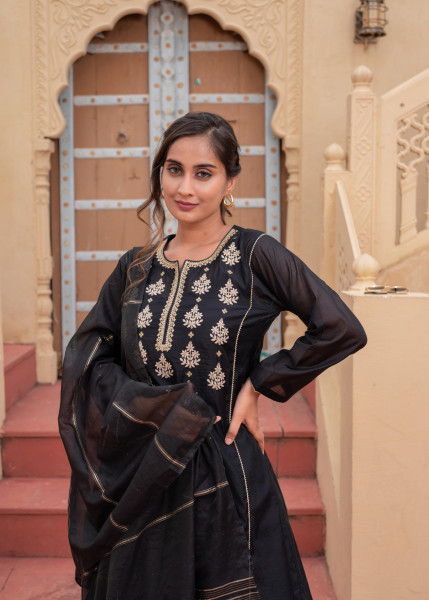 Man Made Fiber Black  Embroidered Kurta Pant and Dupatta Set with Zari Work And Sequin