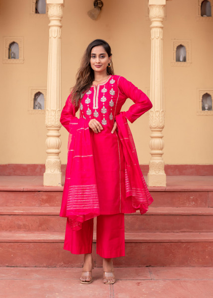 Man Made Fiber Fuchsia Embroidered Kurta Pant and Dupatta Set with Zari Work And Sequin