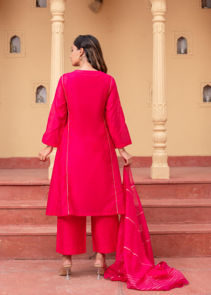 Man Made Fiber Fuchsia Embroidered Kurta Pant and Dupatta Set with Zari Work And Sequin