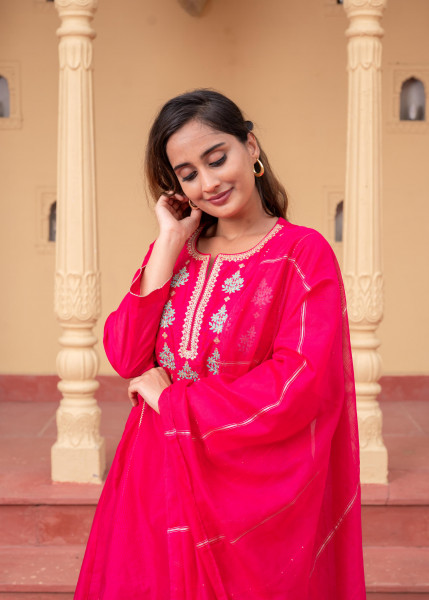 Man Made Fiber Fuchsia Embroidered Kurta Pant and Dupatta Set with Zari Work And Sequin