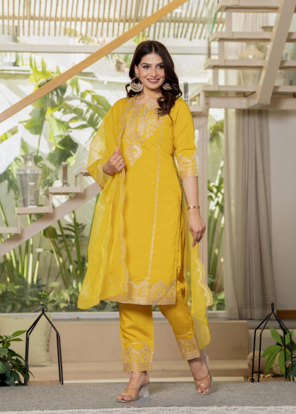 Viscose Mustrad Embroidered Kurta Pant and Dupatta Set with Zari Work And Sequin