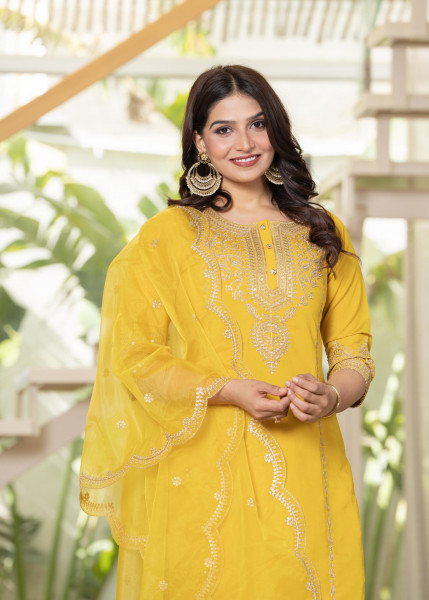 Viscose Mustrad Embroidered Kurta Pant and Dupatta Set with Zari Work And Sequin