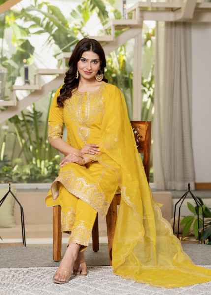 Viscose Mustrad Embroidered Kurta Pant and Dupatta Set with Zari Work And Sequin
