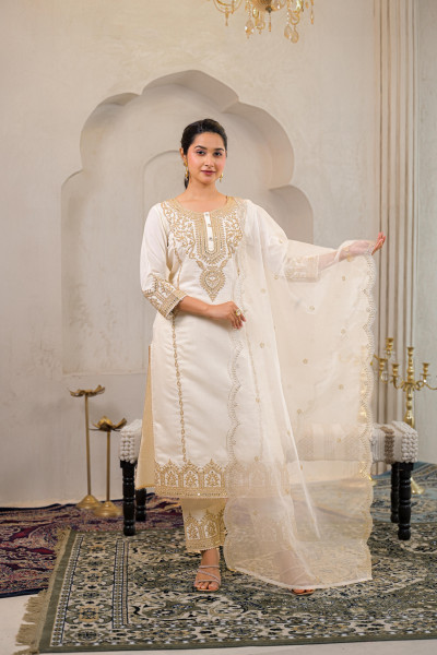Viscose Off White Embroidered Kurta Pant and Dupatta Set with Zari Work And Sequin