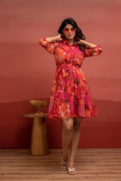 Man Made Fiber Fuchsia Floral Printed Short Dress with Belt